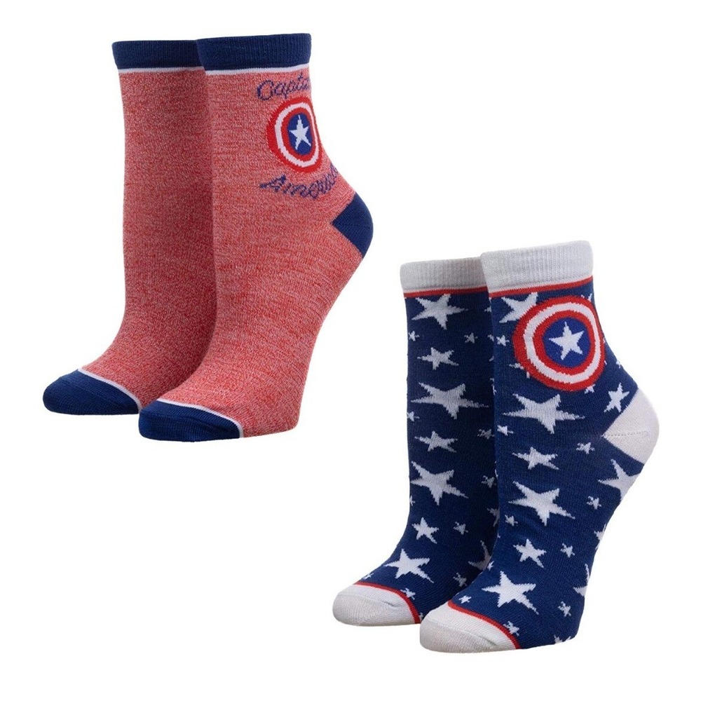 2 Pairs Captain America Anklet Socks Womens Shield Ankle High 9-11 Marvel Comics